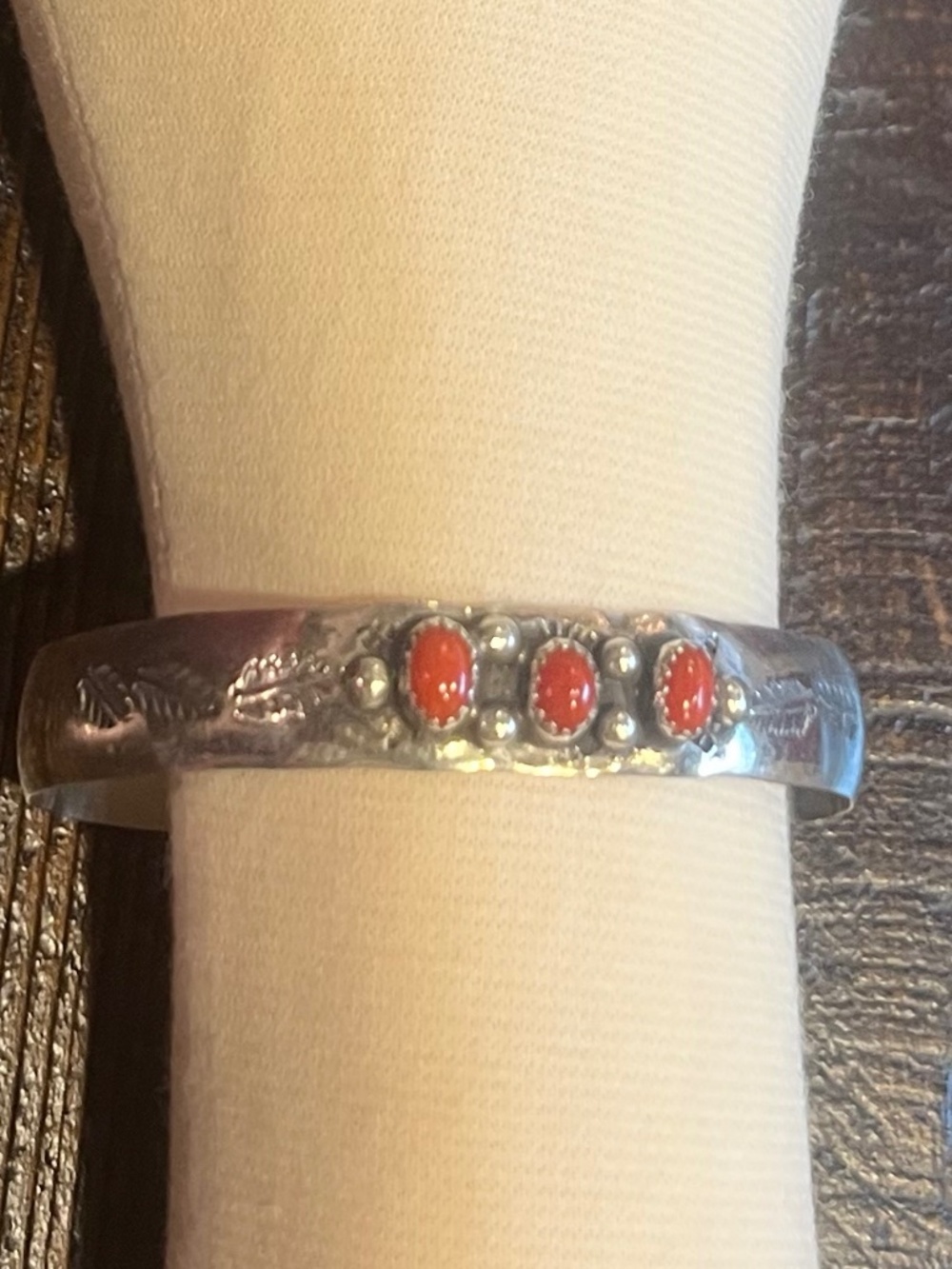 Vintage Native American Silver Cuff Bracelet w/ Coral and Feather Etchings